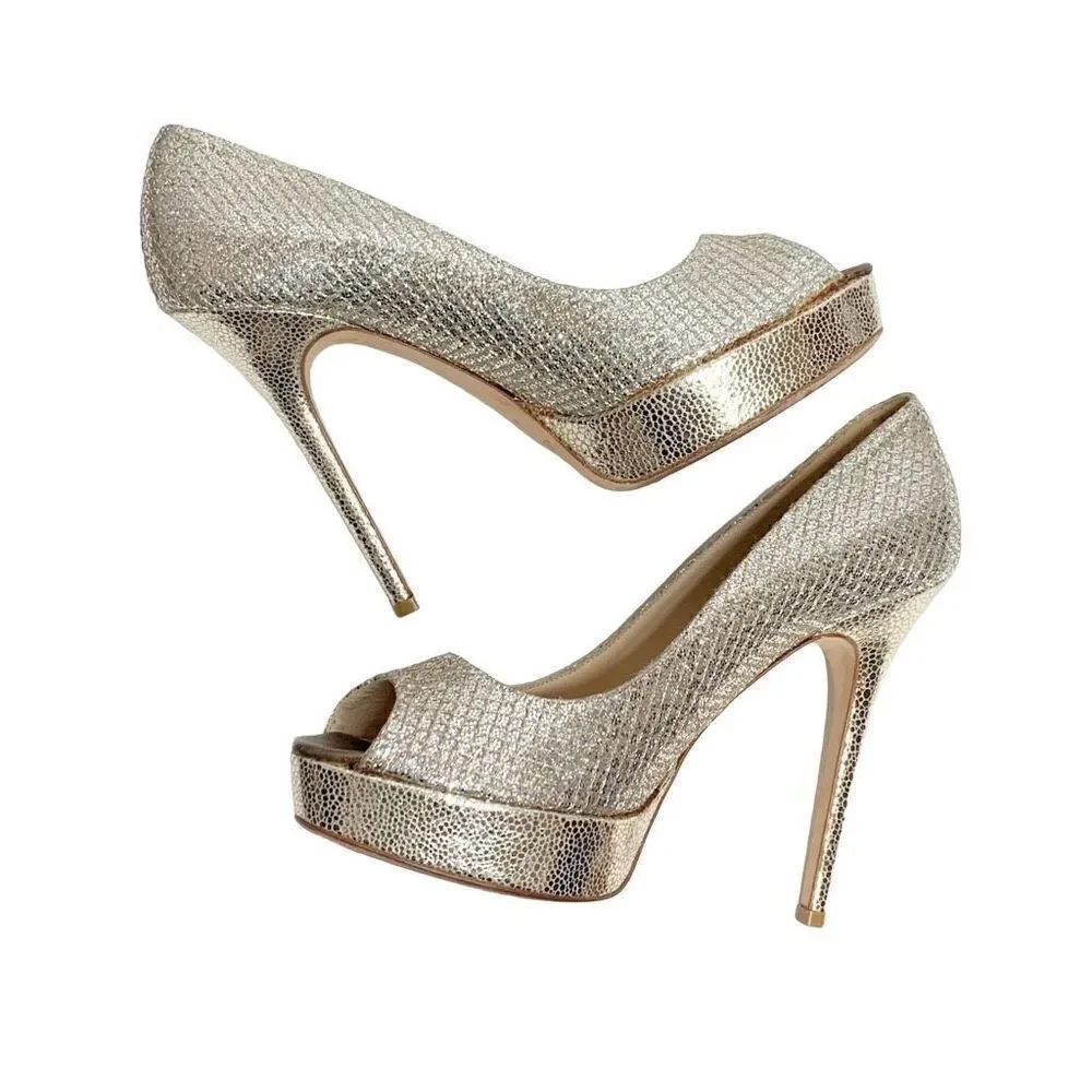 Jimmy Choo Gold Champagne Glitter Luna Peep Toe Platform Pumps Women’s Size 38.5